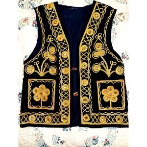 VINTAGE 70's BLACK VELVET GOLD EMBROIDERED HIPPIE AFGHAN VEST WAIST COAT